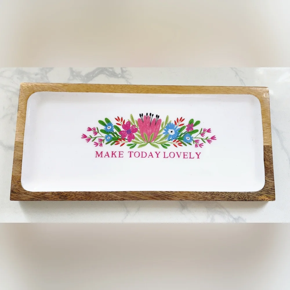 Mango Wood Floral Vanity Tray Platter Catch-all Make‎ Today Lovely New